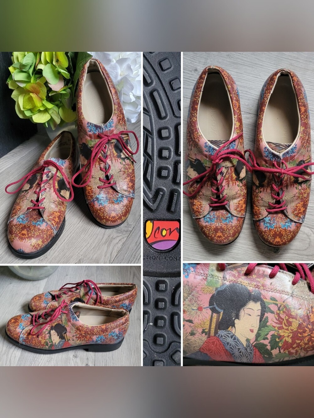 ICON Wearable Art JEON Japanese Geisha & Floral Derby Leather Shoes, US 6.5 EU37